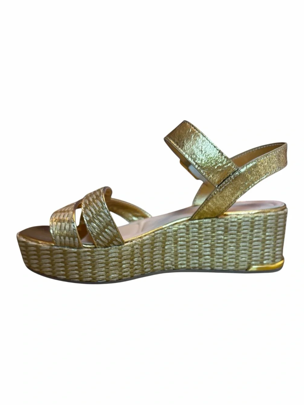 Franco Sarto Gold Metallic Wedge Sandals Raffia Platform Womens Size 9.5